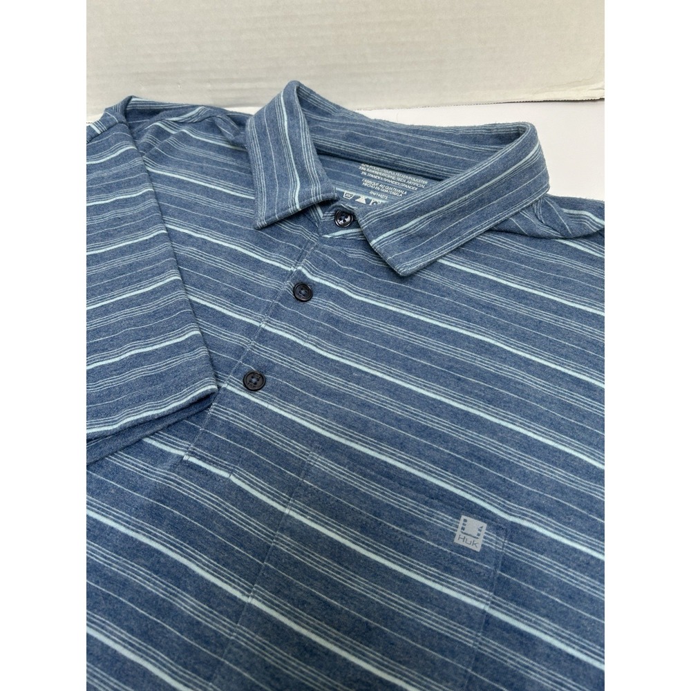 Huk Polo Shirt Mens L Blue Striped Performance Fishing Stretch Pocket‎ H1200498
